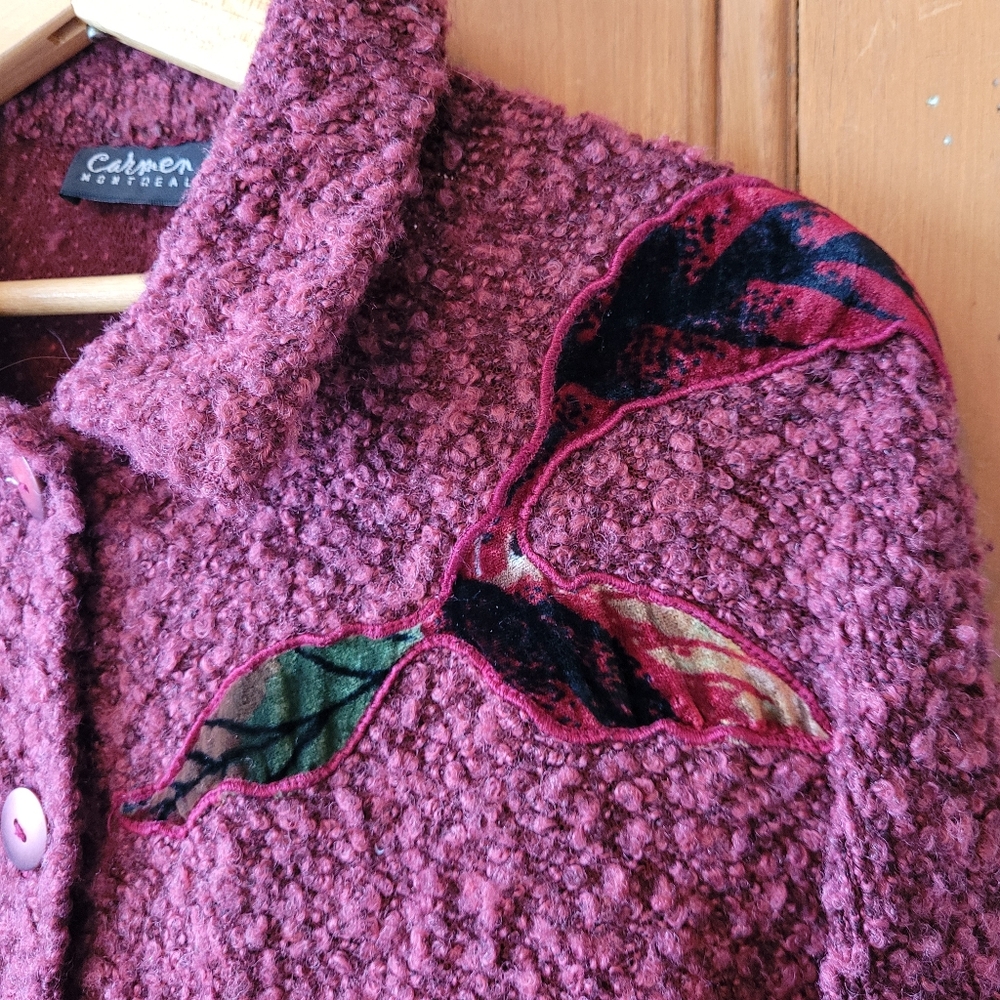 Vintage 90s Y2K Fairycore Whimsigoth Knit Cardigan Velvet Leaf Appliqué S/M - Picture 7 of 12